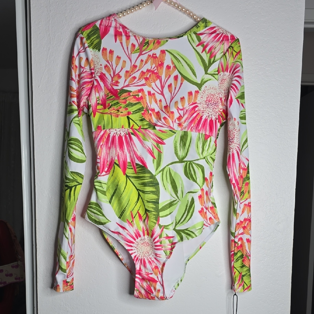 Caribbean Joe Rash Guard Swimsuit Multicolor Floral‎ Long Sleeves NWT size M - Picture 3 of 6